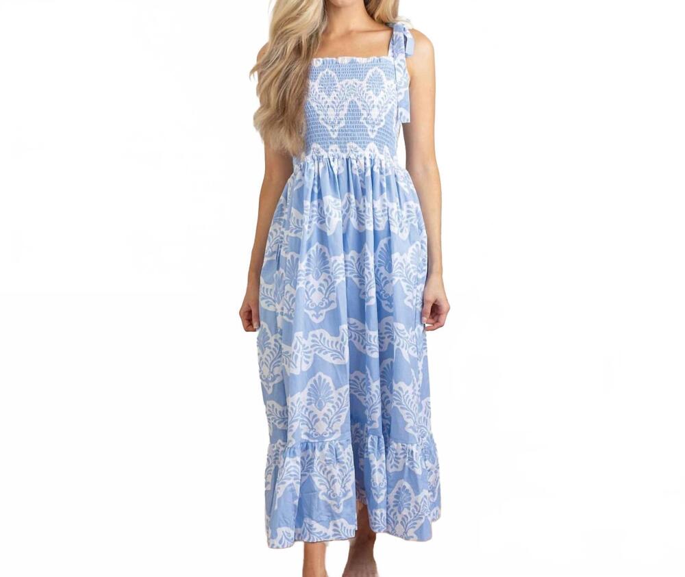 NEW 8 OAK LANE tie top smocked dress in modern blue